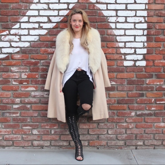 Vintage S/M full length fur coat wool fox collar camel blonde jacket winter real - Picture 1 of 13